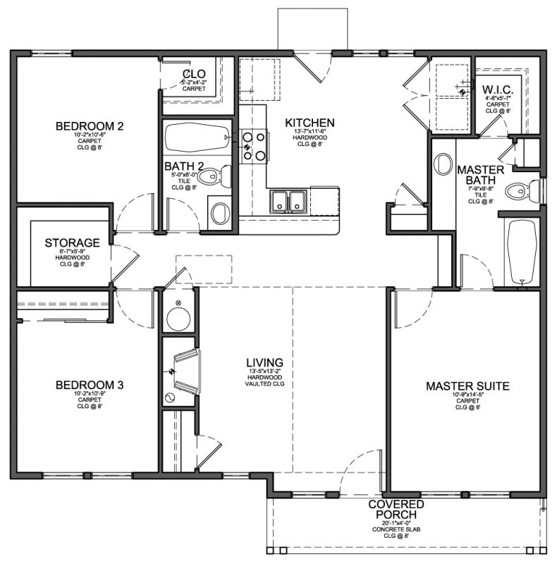 Floor Plan For Small 1 200 Sf House With 3 Bedrooms And 2 Bathrooms traditional-style-house-plan-3-beds-2-baths-1100-sq-ft-plan-116-147