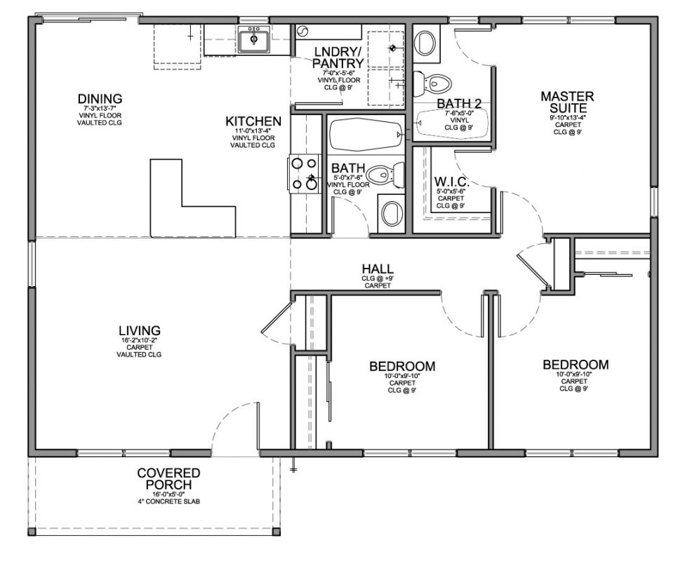 Floor Plan for Affordable 1,100 sf House with 3 Bedrooms and 2