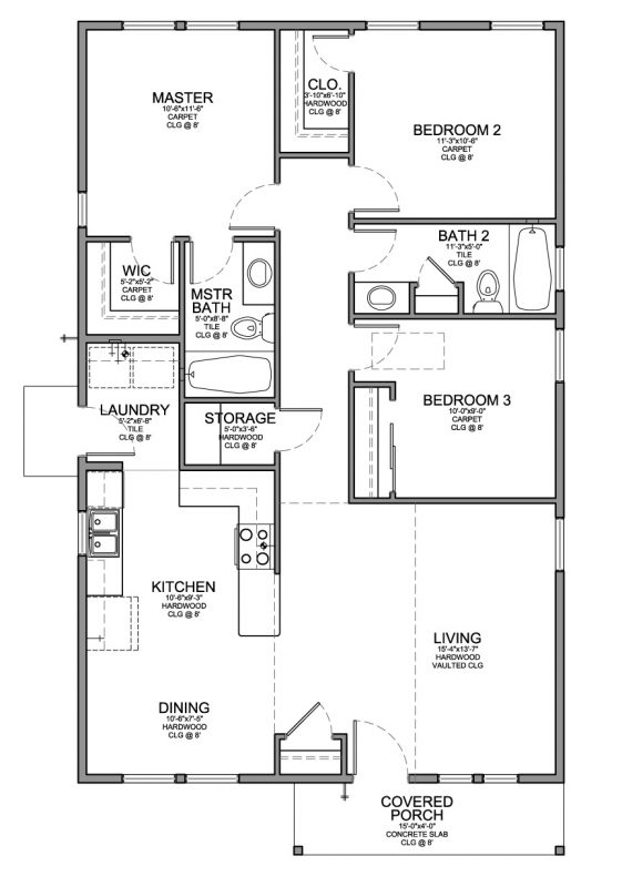 Floor Plan for a Small House 1,150 sf with 3 Bedrooms and 2 Baths