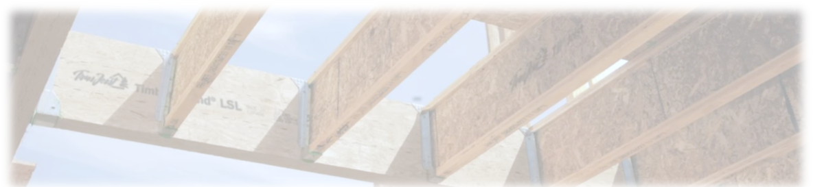 A faded image of wooden I-joists shown against a sky during construction of a house.