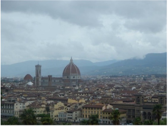 A view from a distance of the Santa Maria del Fiore in Florence, Italy. It is a cloudy day and mountains are visible in the background.