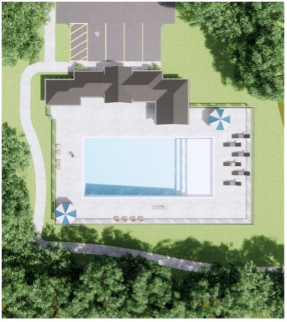 A digital image of an aerial view rendering of a pool and pool house design for a neighborhood development.