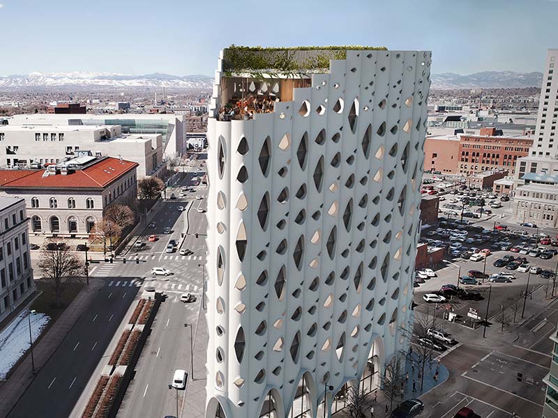 Image of new hotel in downtown Denver with design inspired by aspen trees. Changes to Denver's skyline