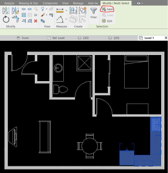 A Revit screenshot showing where to find the "save" selection option in the Modify | Multi-Select ribbon.