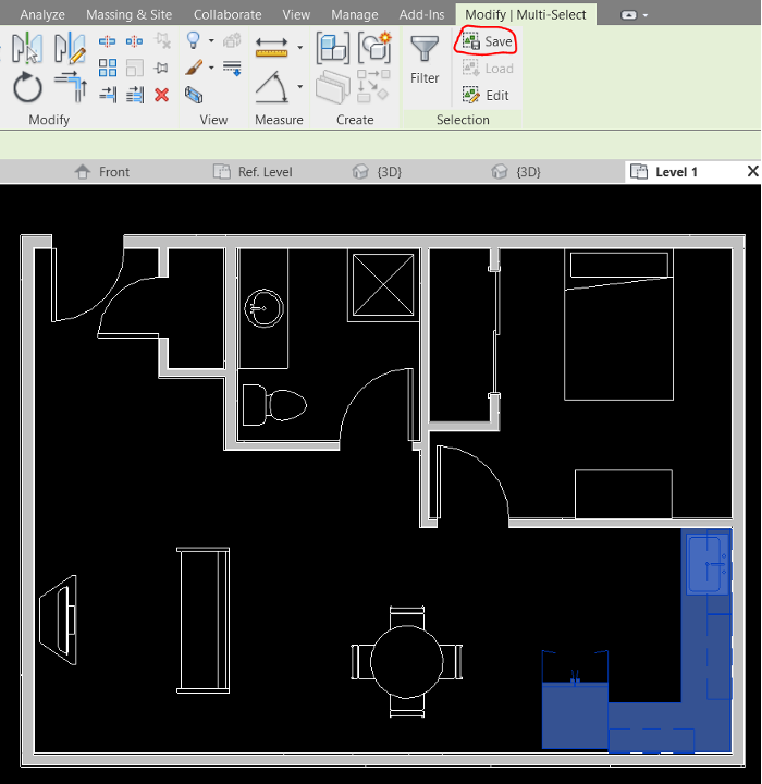 A Revit screenshot showing where to find the "save" selection option in the Modify | Multi-Select ribbon.