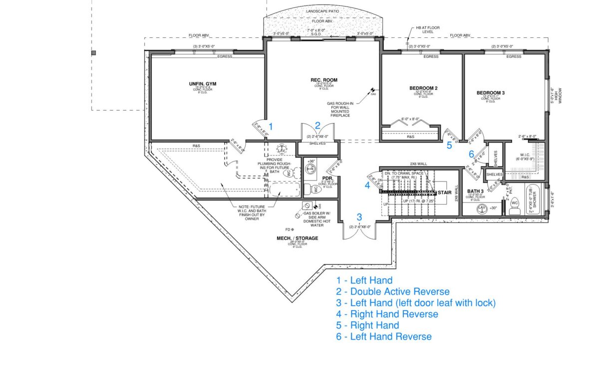 An architectural floor plan that includes notations that show interior door handing.