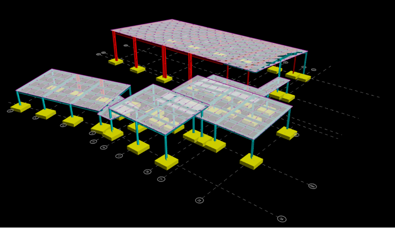 A computer-generated image made using the RAM Structural System, showing a structure that has five different sections that all have different roof heights.