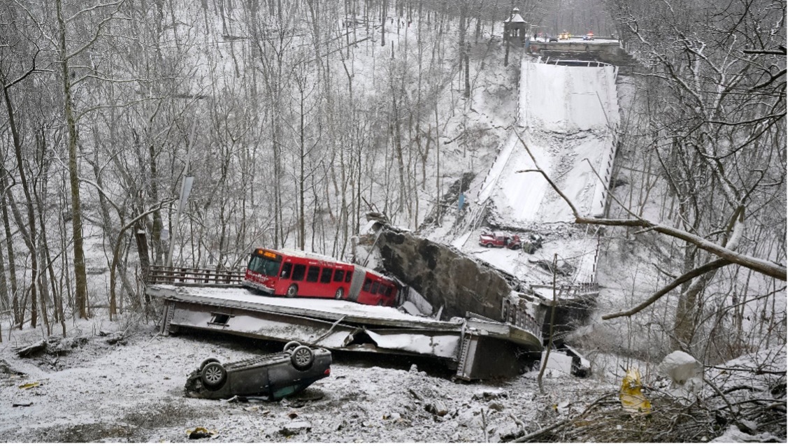 A photograph of a collapsed bridge in the center of a road, in a snowy winter landscape. A red bus is precariously hanging off an edge of the collapse, and vehicles are overturned on both sides of the bridge from the collapse.