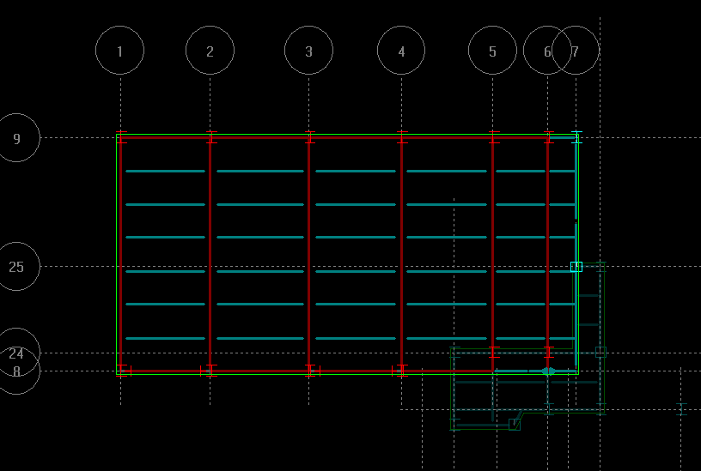 A computer-generated image made in RAM Structural System that shows a rectangular structure, marked with numbers 1-7 across the top, and numbers 9, 25, 24, and 11 down the left-hand side. 