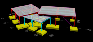A computer-generated image made in RAM Structural System that shows a similar set of structures to the first image in this post. Three roofs are modeled.