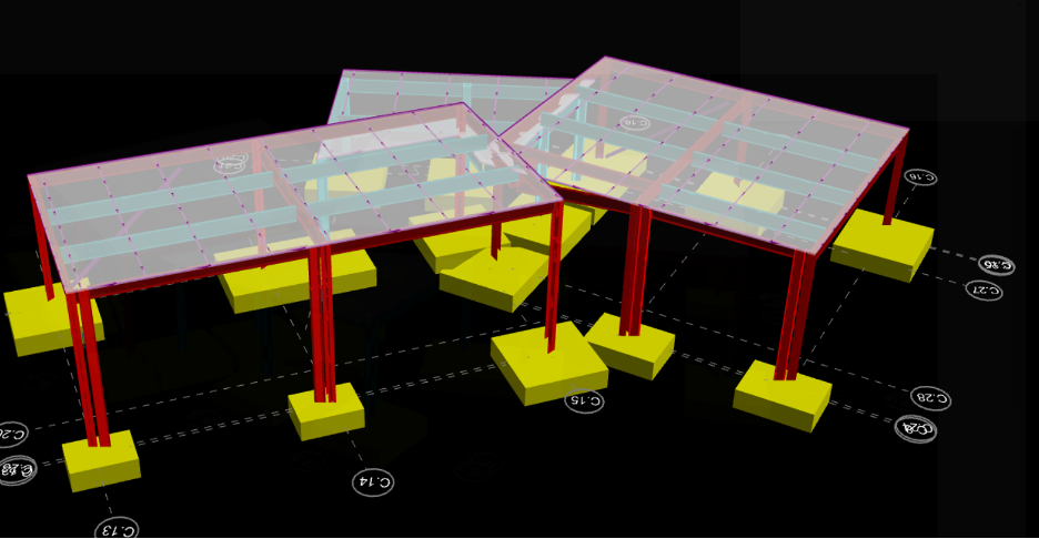 A computer-generated image made in RAM Structural System. It is a different angle on the same three-roof structure modeled in the previous image.