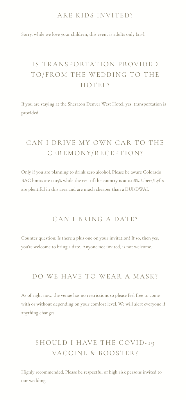 A screenshot of the author's wedding website, illustrating an extensive question and answer list to help preemptively answer questions, much as a project manager would.