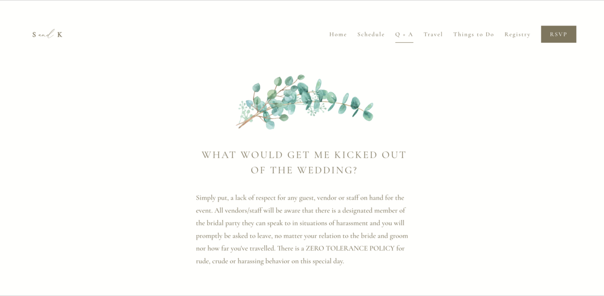 A screenshot of Sylvia's wedding website Q&A page, showing the menu at the top that provides other information such as home page, schedule, Q&A, travel, things to do, the wedding registry, and where to RSVP.