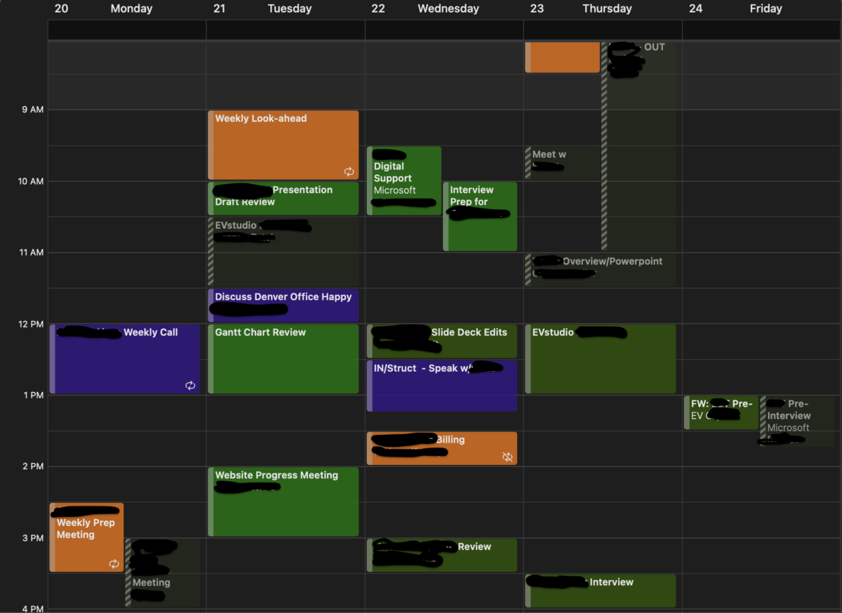 A screenshot of an Outlook calendar. Some confidential information has been redacted. This shows how the author utilizes various tools for time management.