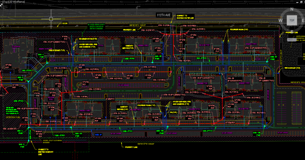 A screenshot of a 2D utility design. Water lines are in blue, sanitary lines are in teal, and storm sewer lines are in red. The background is black. There are lots of other lines in yellow, purple, and bright green that indicate other aspects of the site that is being engineered.