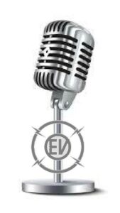 An image of an old-fashioned microphone with an EVstudio logo on the stem.