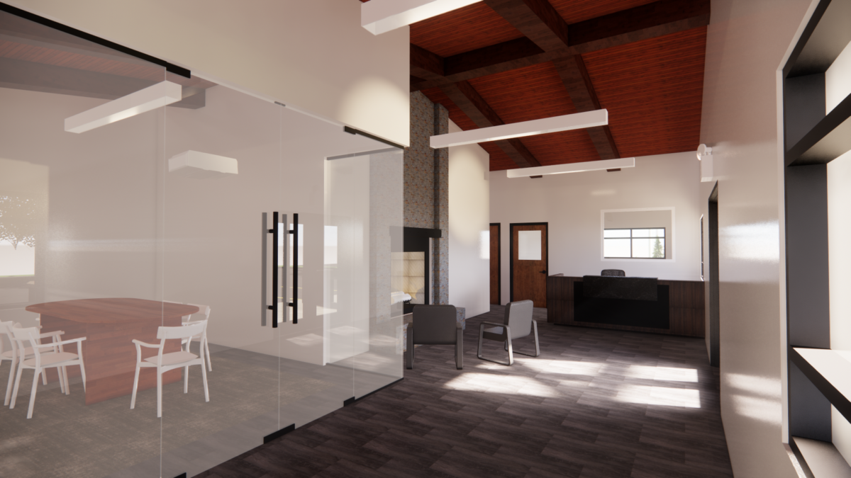 An example of virtual reality modeling of the interior of a building. A conference room enclosed in glass is on the left. Center is a common area with a fireplace and chairs. The right shows a desk, a few doors, and a window.