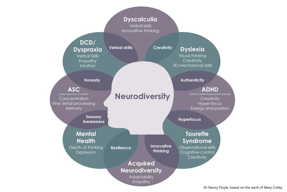 A graphic on neurodiversity with a person's head in profile in the center, labeled with the word 'Neurodiversity'. Starting at the top circle and moving clockwise, the graphic lists dyscalculia (verbal skills, innovative thinking), dyslexia (visual thinking, creativity, 3D mechanical skills), ADHD (Attention Deficit Hyperactivity Disorder; creativity, hyper-focus, energy and passion), Tourette Syndrome (observational skills, cognitive control, creativity), Acquired Neurodiversity (adaptability, empathy), mental health (depth of thinking, expression), ASC (Autism Spectrum Condition; concentration, fine detail processing, memory), and DCD/dyspraxia (verbal skill, empathy, intuition). Where the circles for each trait overlap, the words creativity, authenticity, hyperfocus, innovative thinking, resilience, sensory awareness, honesty, and verbal skills are listed (in order from the overlap between dyscalculia and dyslexia, and moving clockwise). The image is tagged as being by Dr. Nancy Doyle, based on the work of Mary Colley.