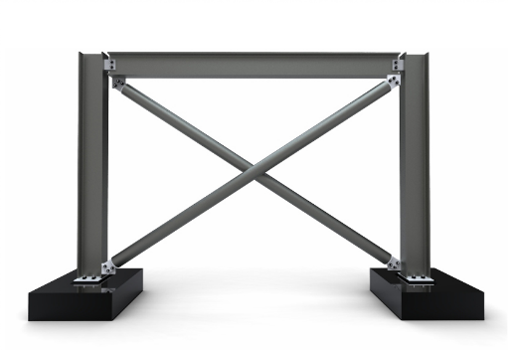 A computer-generated image of a braced frame, a basic structure of a lateral force resisting system. Ballasts hold two vertical steel beams, with a third closing the top. Two smaller steel beams form an X, going from the top joint on one side to the joint with the ballast on the other.