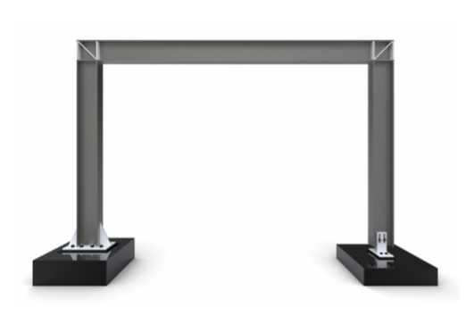 A computer-generated image of a moment frame, a basic structure of a lateral force resisting system. Ballasts hold two vertical steel beams, with a third closing the top. 