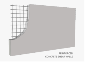 A computer generated image of a shear wall, with the words "reinforced concrete shear walls" in the bottom right corner. The image shows a wall of solid concrete, with the top left corner exposing a metal lattice forming a grid inside the concrete.