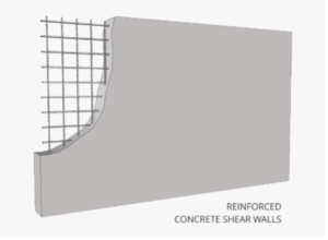 A computer generated image of a shear wall, with the words "reinforced concrete shear walls" in the bottom right corner. The image shows a wall of solid concrete, with the top left corner exposing a metal lattice forming a grid inside the concrete.