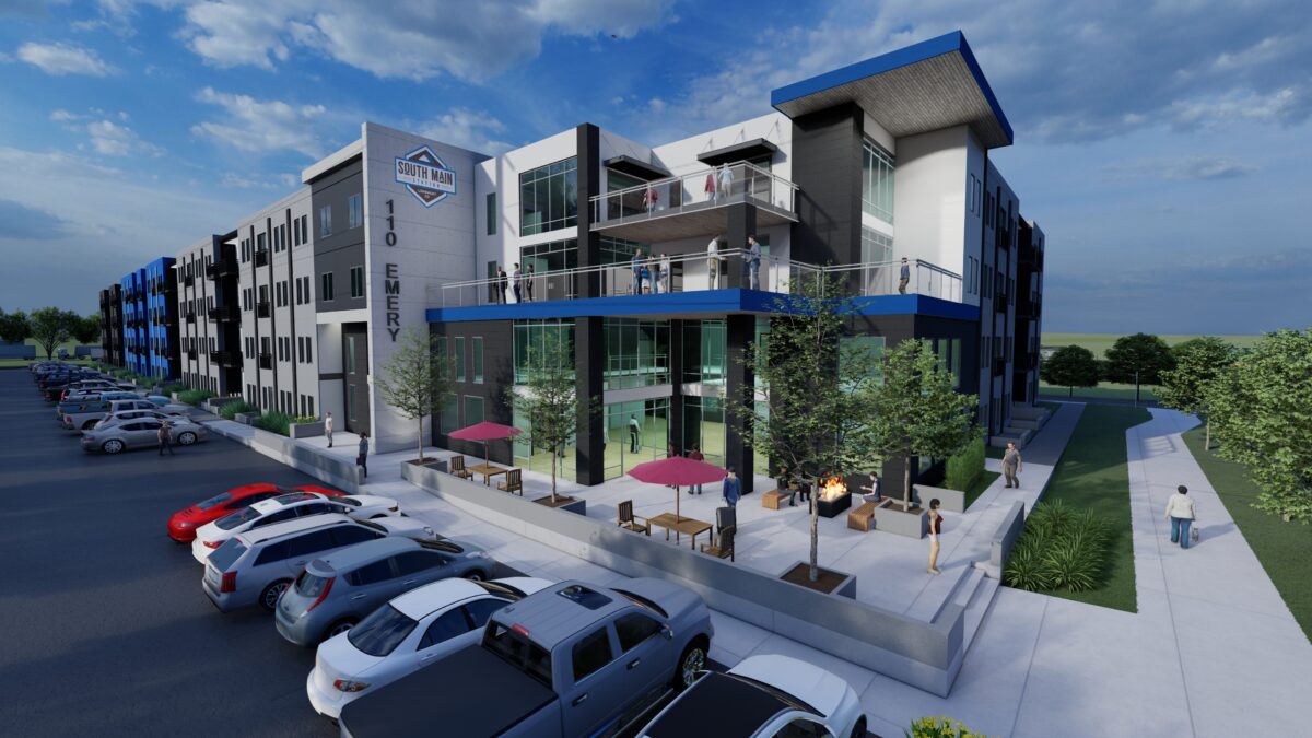 A digital rendering of a modular design mixed-use building.