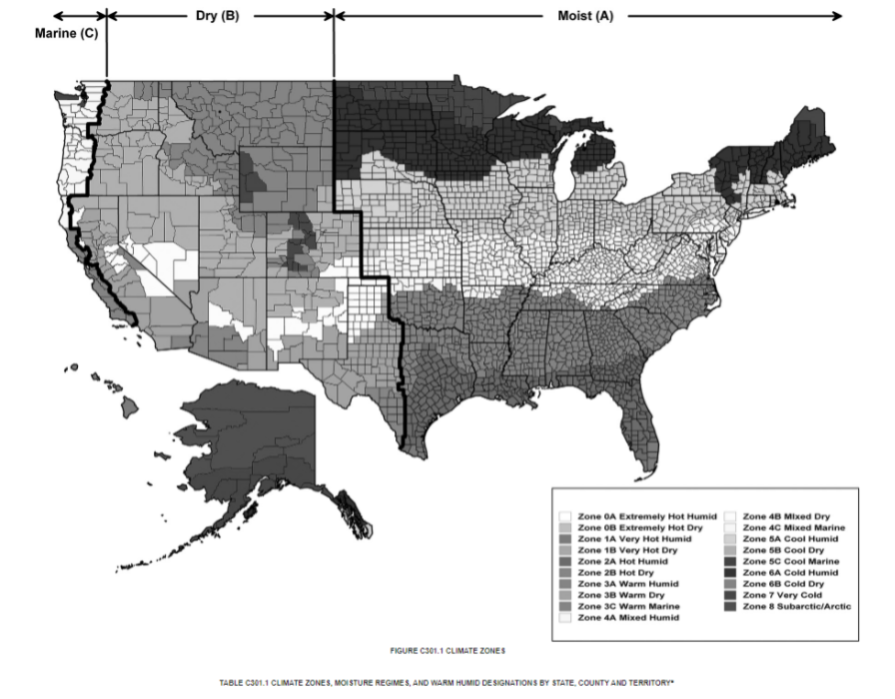 A black and white map of the United States. County lines are shown in each state, with each county given a different shade of greyscale to indicate the climate zone.