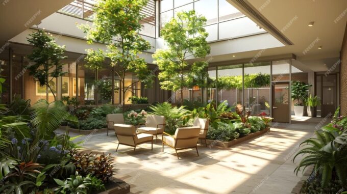 senior living indoor garden with natural light