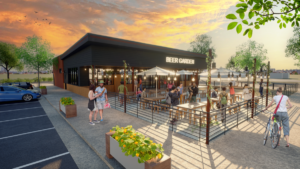 Exterior rendering of the Applewood Beer Garden at sunset, where warm light blends with the natural surroundings, creating a welcoming atmosphere for all.