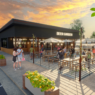 Exterior rendering of the Applewood Beer Garden at sunset, where warm light blends with the natural surroundings, creating a welcoming atmosphere for all.