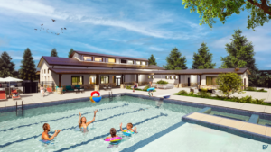 A render of a family playing in the pool outside of the new GVRE Amenity building. Fitting the rustic ‘Modern Farmhouse’ style, we chose the bright white board and batten finishes for a majority of the lower exterior walls and an accent of copper toned dry-stack stone veneer. The exposed PEMB frames, roof fascias, and downspouts were all painted dark bronze to fade into the background and call attention to the textures and colors of the walls.