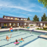 A render of a family playing in the pool outside of the new GVRE Amenity building. Fitting the rustic ‘Modern Farmhouse’ style, we chose the bright white board and batten finishes for a majority of the lower exterior walls and an accent of copper toned dry-stack stone veneer. The exposed PEMB frames, roof fascias, and downspouts were all painted dark bronze to fade into the background and call attention to the textures and colors of the walls.