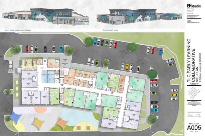 First floor and site for the TLC Early Learning Collaborative, color coded by age level and function of space.