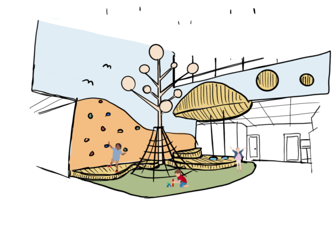 Two story atrium conceptual sketch, featuring climbing components and geometric shapes to inspire students to learn and play. 