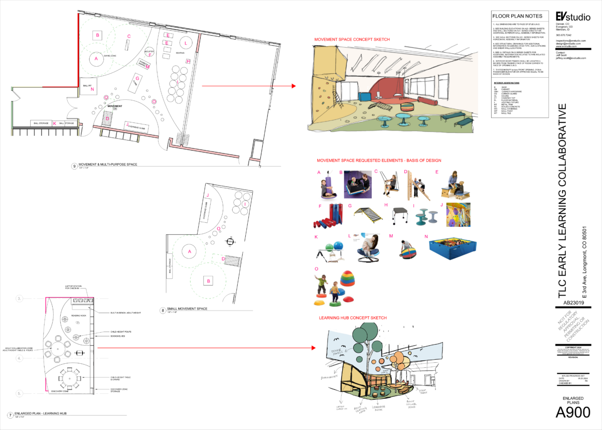 Movement space planning and design, featuring two spaces for play and their respective therapy components. 