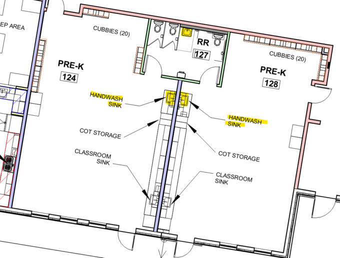 Restroom layout featuring a single adult-height lavatory inside and added a child-height, accessible lavatory just outside the door.