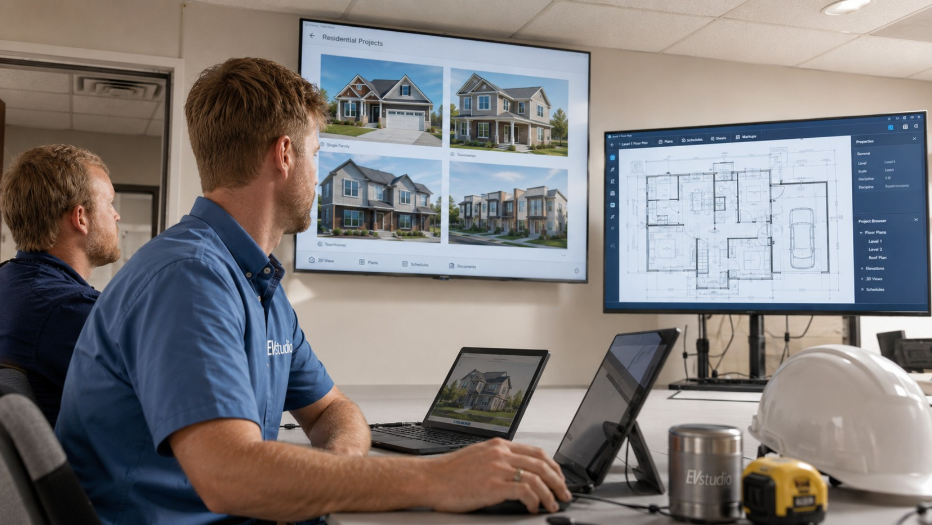 Two architects sit in front of residential plans and use new technology to design.