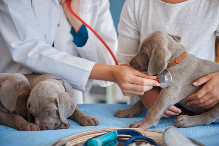 Vet doing routine examination on three puppies