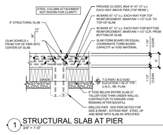 Detail of a structural basement floor supported at a drilled pier.