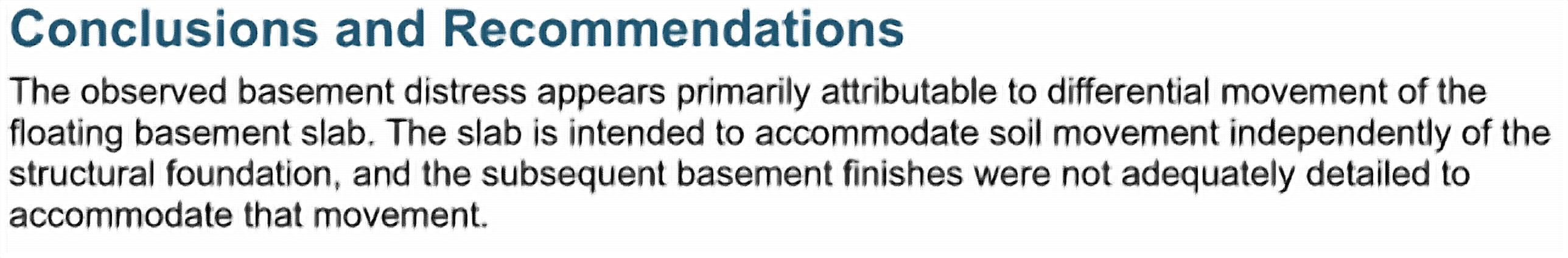 Excerpt from EVstudio residential structural assessment identifying differential basement slab movement.